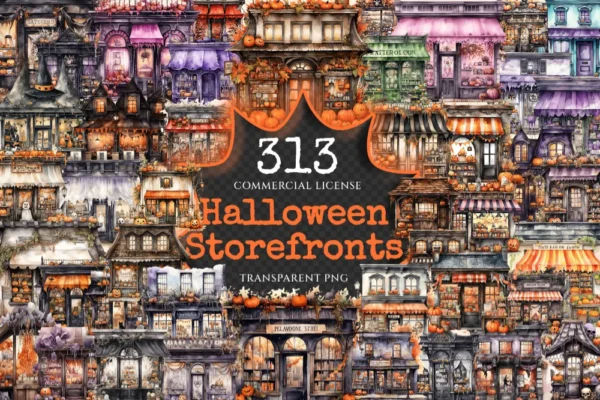 Halloween Storefronts Watercolor Clipart Bundle - 310+ transparent PNG, Haunted store graphics, Spooky png, Commercial use, Digital download