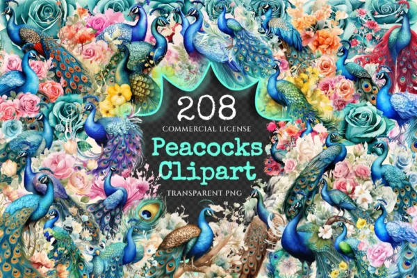 Peacocks Watercolor Clipart Bundle - 205+ transparent PNG, Regal bird illustrations, Colorful peacocks png, Commercial use, Digital download