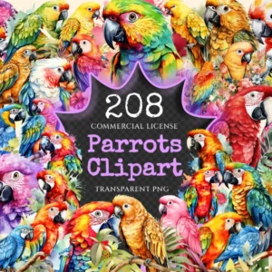 Parrots Watercolor Clipart Bundle - 205+ transparent PNG, Tropical parrot summer graphics, Parrots clipart, Commercial use, Digital download