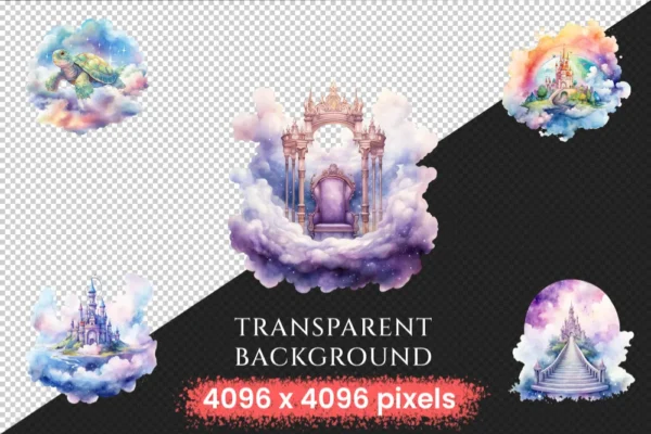 Fantasy Skies Watercolor Clipart Bundle - 620+ transparent PNG, Legendary sky images, Flying beings png, Commercial use, Digital download