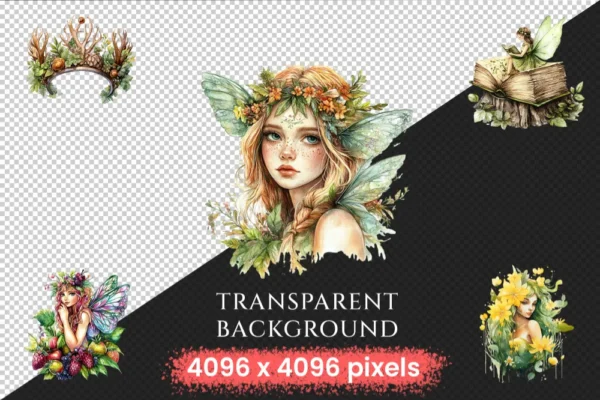 Forest Fairies Watercolor Clipart Bundle - 675+ transparent PNG, Whimsical fairy illustrations, Fairy art, Commercial use, Digital download