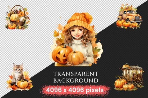 Pumpkin Watercolor Clipart Bundle - 205+ transparent PNG, Autumn pumpkin illustrations, Halloween art png, Commercial use, Digital download