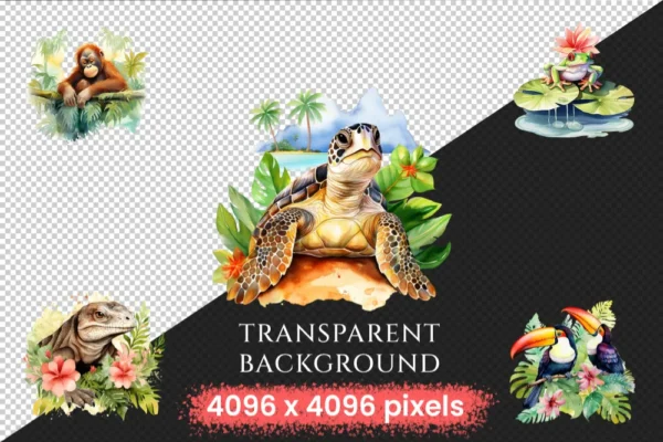 Tropical Animals Watercolor Clipart Bundle - 1030+ transparent PNG, Wild animal illustrations, Jungle png, Commercial use, Digital download