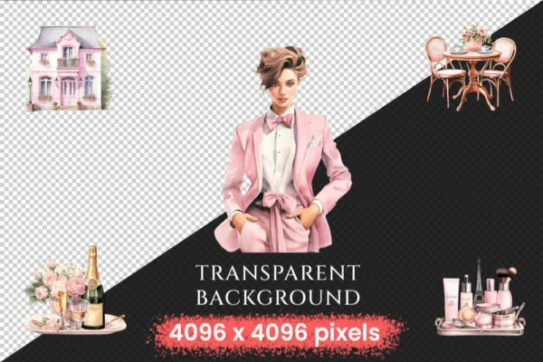 Bonjour Paris Watercolor Clipart Bundle - 575+ transparent PNG, Pink paris graphics, French illustrations, Commercial use, Digital download