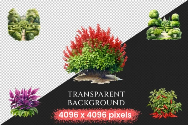Bushes Watercolor Clipart Bundle - 625+ transparent PNG, Vibrant garden shrub graphics, Lush foliage png, Commercial use, Digital download
