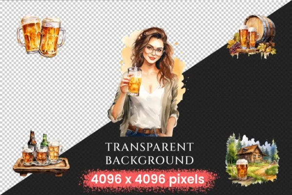 Beer Watercolor Clipart Bundle - 305+ transparent PNG, Craft beer illustrations, Lager and ale png images, Commercial use, Digital download