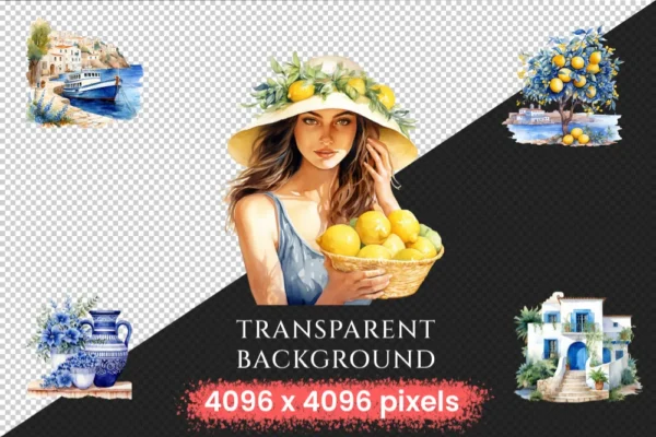 Mediterranean Watercolor Clipart Bundle - 460+ transparent PNG, Bright beach graphics, Olives clipart png, Commercial use, Digital download