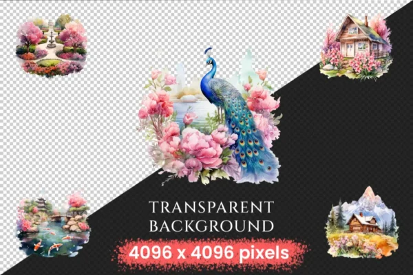Spring Landscapes Watercolor Clipart Bundle - 927+ transparent PNG, Beautiful landscape images, Nature png, Commercial use, Digital download