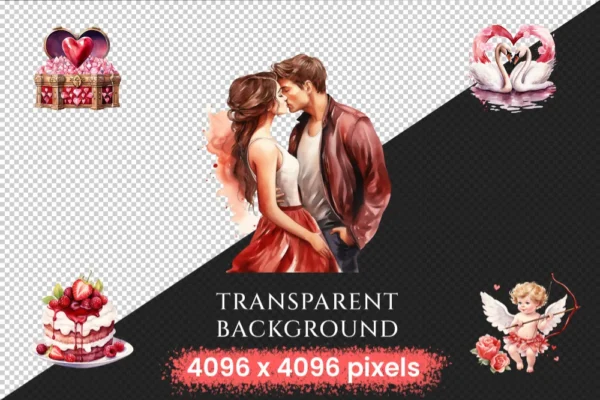 Valentine's Day Watercolor Clipart Bundle - 1000+ transparent PNG, Charming heart illustrations, Love png, Commercial use, Digital download