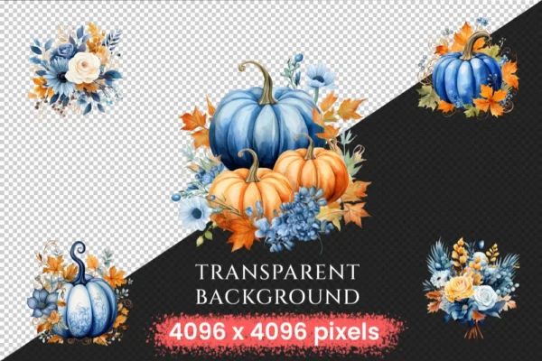 Blue Fall Watercolor Clipart Bundle - 205+ transparent PNG, Autumn harvest graphics, Rustic pumpkin floral, Commercial use, Digital download