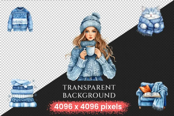 Hello Winter Watercolor Clipart Bundle - 700+ transparent PNG, Cozy winter graphics, Frosty blue holiday, Commercial use, Digital download