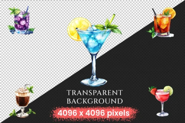 Cocktail Watercolor Clipart Bundle - 970+ transparent PNG, Celebration drinks graphics, Champagne clipart, Commercial use, Digital download