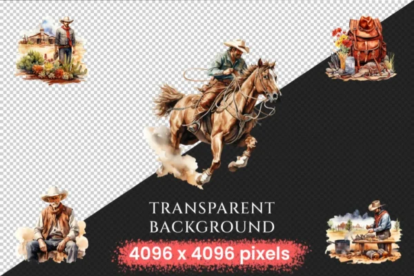 Cowboy Watercolor Clipart Bundle - 650+ transparent PNG, Frontier cowboy illustrations, Wild west rodeo, Commercial use, Digital download