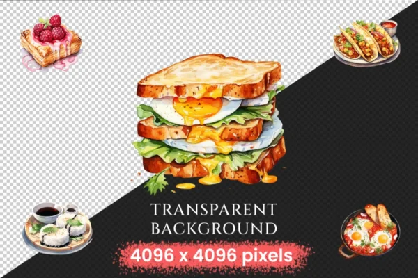 Breakfast Foods Watercolor Clipart Bundle - 500+ transparent PNG, Breakfast plate graphics, Early meal png, Commercial use, Digital download