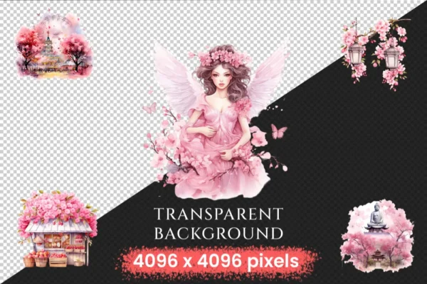 Cherry Blossoms Watercolor Clipart Bundle - 750+ transparent PNG, Japanese flower graphics, Sakura flowers, Commercial use, Digital download