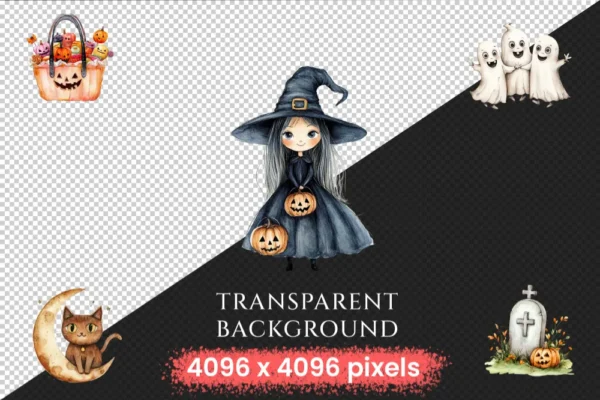 Cute Halloween Watercolor Clipart Bundle - 710+ transparent PNG, Playful spooky graphics, Eerie halloween, Commercial use, Digital download
