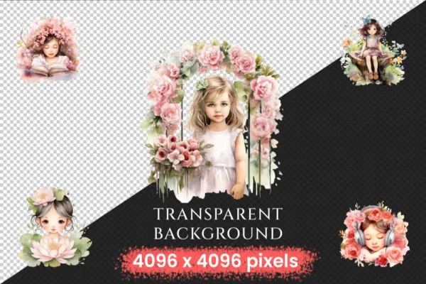 Little Flower Girls Watercolor Clipart Bundle - 590+ transparent PNG, Cute floral girl png, Cute artwork, Commercial use, Digital download