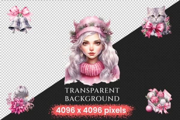 Pink & Silver Christmas Watercolor Clipart Bundle - 503+ transparent PNG, Xmas winter images, Festive png, Commercial use, Digital download