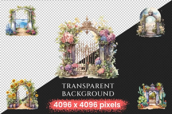 Garden Gates Watercolor Clipart Bundle - 660+ transparent PNG, Whimsical doorway illustrations, Door png, Commercial use, Digital download