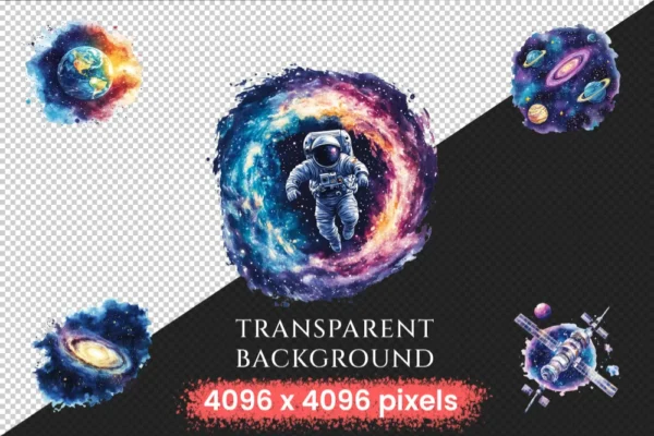 Space Watercolor Clipart Bundle - 840+ transparent PNG, Stellar galaxy illustrations, Celestial space png, Commercial use, Digital download