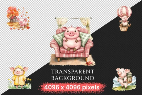 Pigs Watercolor Clipart Bundle - 512+ transparent PNG, Charming pig illustrations, Rustic farm animal art, Commercial use, Digital download