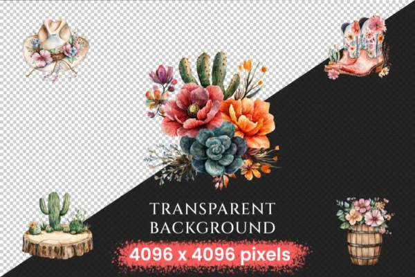 Boho Western Watercolor Clipart Bundle - 240+ transparent PNG, Western desert cowgirl graphics, Boho png, Commercial use, Digital download