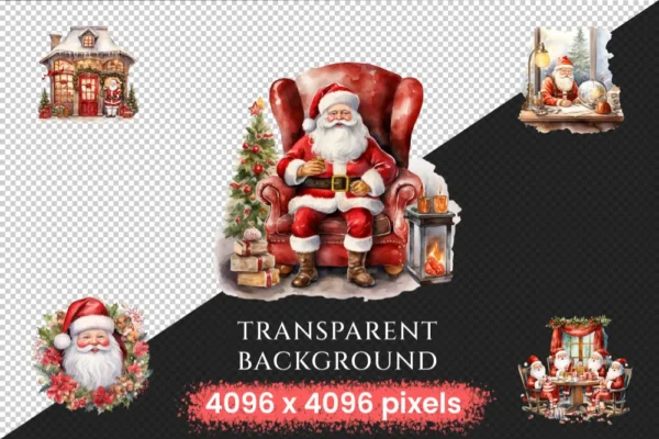 Santa Claus Watercolor Clipart Bundle - 750+ transparent PNG, Cheerful santa illustrations, Holiday images, Commercial use, Digital download