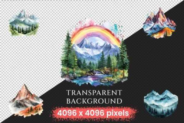 Mountain Landscapes Watercolor Clipart Bundle - 503+ transparent PNG, Majestic mountain images, Alpine png, Commercial use, Digital download