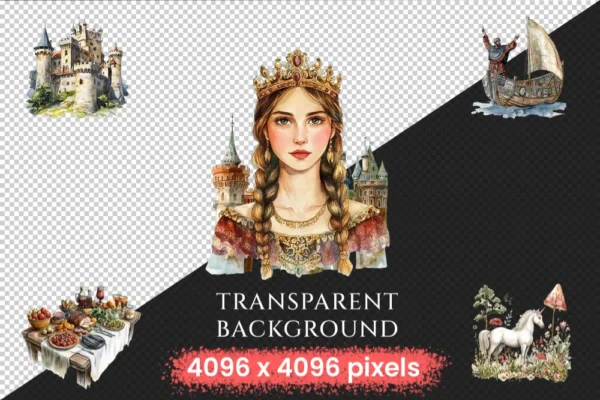 Medieval Town Watercolor Clipart Bundle - 680+ transparent PNG, Old world town graphics, Timeless village, Commercial use, Digital download