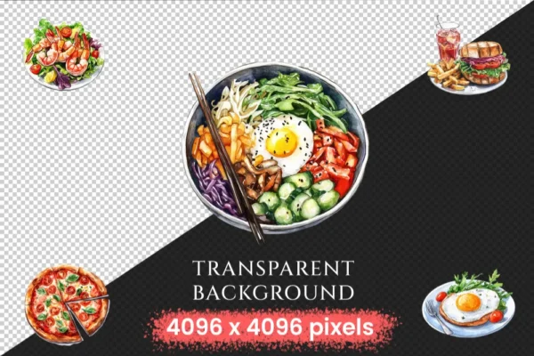 Lunch Foods Watercolor Clipart Bundle - 450+ transparent PNG, Midday feast graphics, Lunchtime meal images, Commercial use, Digital download
