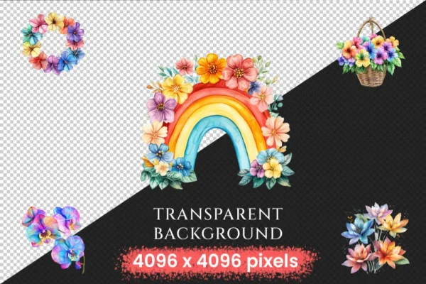 Rainbow Flowers Watercolor Clipart Bundle - 380+ transparent PNG, Vibrant flower graphics, Blossom png, Commercial use, Digital download