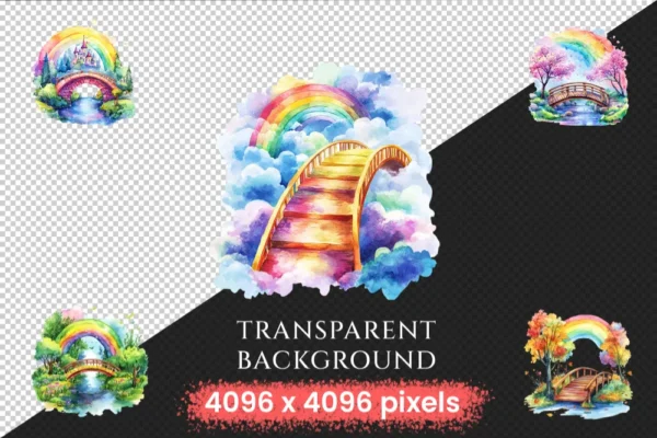Rainbow Bridges Watercolor Clipart Bundle - 352+ transparent PNG, Colorful archway images, Vibrant bridge, Commercial use, Digital download