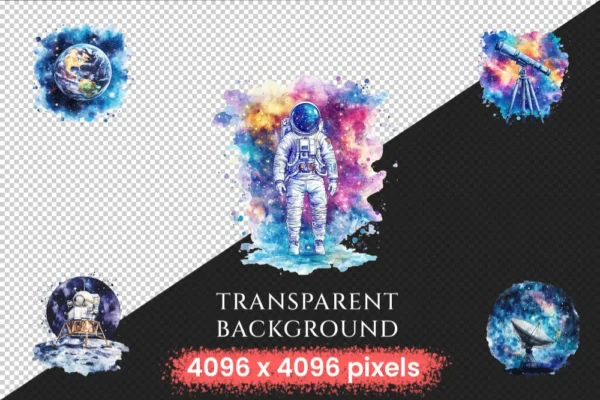 Astronomy Watercolor Clipart Bundle - 400+ transparent PNG, Sky and planet graphics, Celestial starry art, Commercial use, Digital download