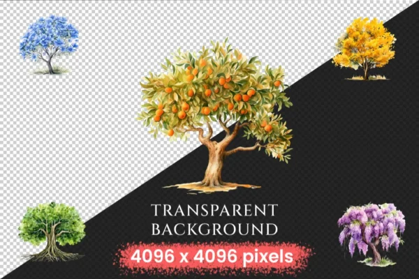 Trees Watercolor Clipart Bundle - 738+ transparent PNG, Scenic tree and landscape graphics, Green nature, Commercial use, Digital download
