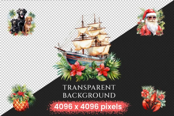Tropical Christmas Watercolor Clipart Bundle - 790+ transparent PNG, Exotic tropic holiday image,Festive png,Commercial use,Digital download