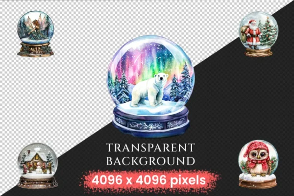Christmas Snow Globes Watercolor Clipart Bundle - 348+ transparent PNG, Holiday cheer graphics, Cozy winter, Commercial use,Digital download