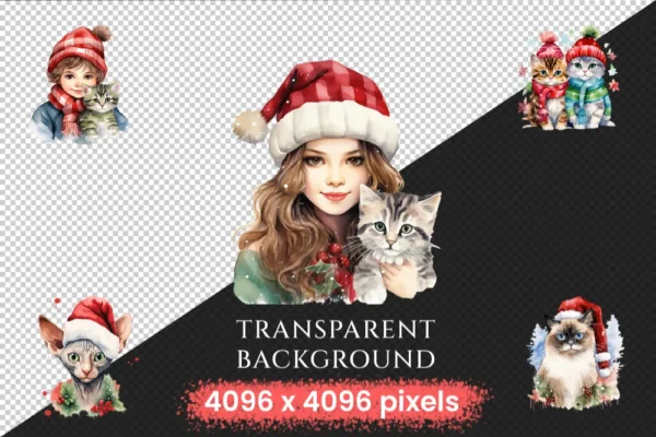 Christmas Cats Watercolor Clipart Bundle - 721+ transparent PNG, Holiday cat images, Cozy festive kitty png, Commercial use,Digital download