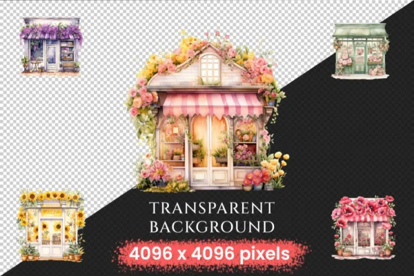 Floral Storefronts Watercolor Clipart Bundle - 675+ transparent PNG, Floral shopfront images, Elegant flower,Commercial use,Digital download