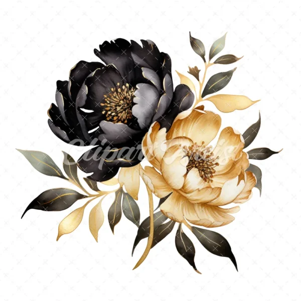 23 High-Quality Black Gold Peony Clipart - Black gold peony digital watercolor JPG instant download for commercial use - Digital download