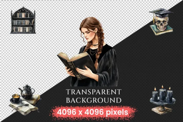 Gothic Academia Watercolor Clipart Bundle - 443+ transparent PNG, Academic mystery images, Gothic study png, Commercial use,Digital downloadv