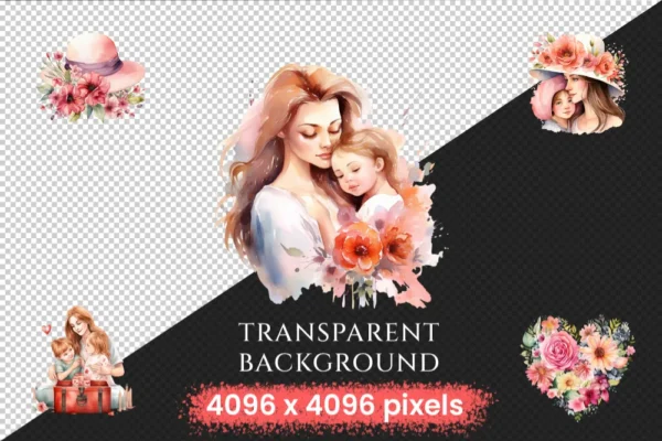 Mothers Watercolor Clipart Bundle - 970+ transparent PNG, Maternal affection graphics, Warm mom's day png, Commercial use, Digital download