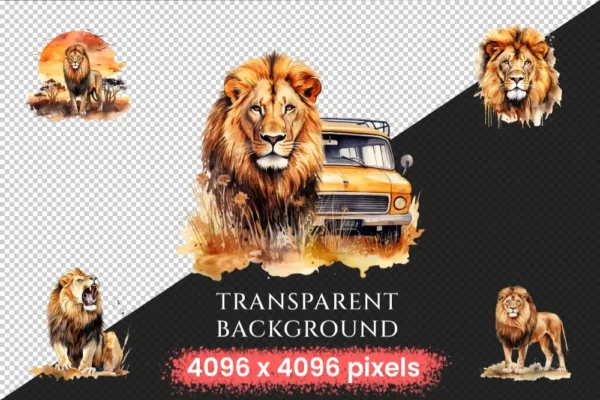 Lions Watercolor Clipart Bundle - 248+ transparent PNG, Savanna lion illustrations, Regal wildlife graphics, Commercial use,Digital download