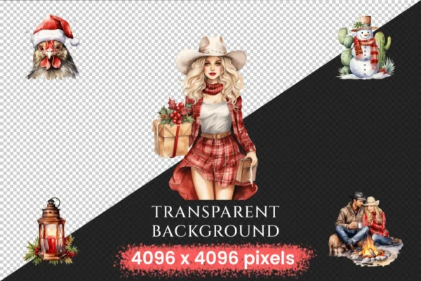 Western Christmas Watercolor Clipart Bundle - 1140+ transparent PNG, Festive western graphics, Cowboy png, Commercial use, Digital download