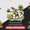 On the Farm Watercolor Clipart Bundle - 570+ transparent PNG, Rustic farmyard scenes png, Agricultural art, Commercial use, Digital download
