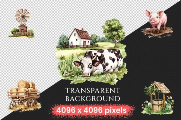 On the Farm Watercolor Clipart Bundle - 570+ transparent PNG, Rustic farmyard scenes png, Agricultural art, Commercial use, Digital download