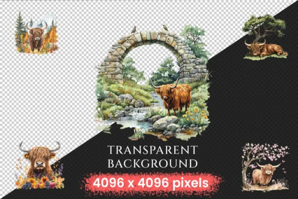 Highland Cows Watercolor Clipart Bundle - 625+ transparent PNG, Rustic cattle graphics, Highland cow png, Commercial use, Digital download
