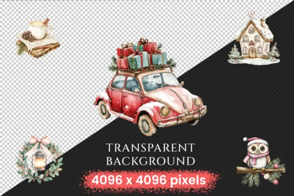 Rustic Christmas Watercolor Clipart Bundle - 348+ transparent PNG, Warm holiday scenes, Rustic x-mas images, Commercial use,Digital download