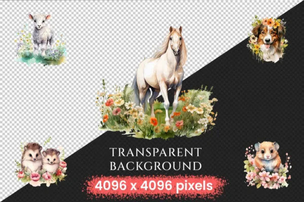 Spring Floral Animals Watercolor Clipart Bundle - 723+ transparent PNG, Spring pets graphics, Floral images, Commercial use,Digital download