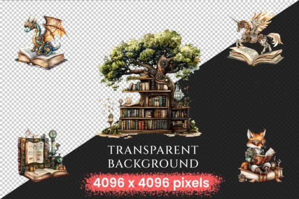 Steampunk Books Watercolor Clipart Bundle - 603+ transparent PNG, Retro sci-fi books images, Futuristic art, Commercial use,Digital downloadv