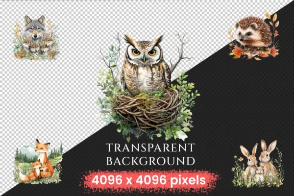Wild Woodland Watercolor Clipart Bundle - 500+ transparent PNG, Woodland creature graphics, Nature images, Commercial use, Digital download